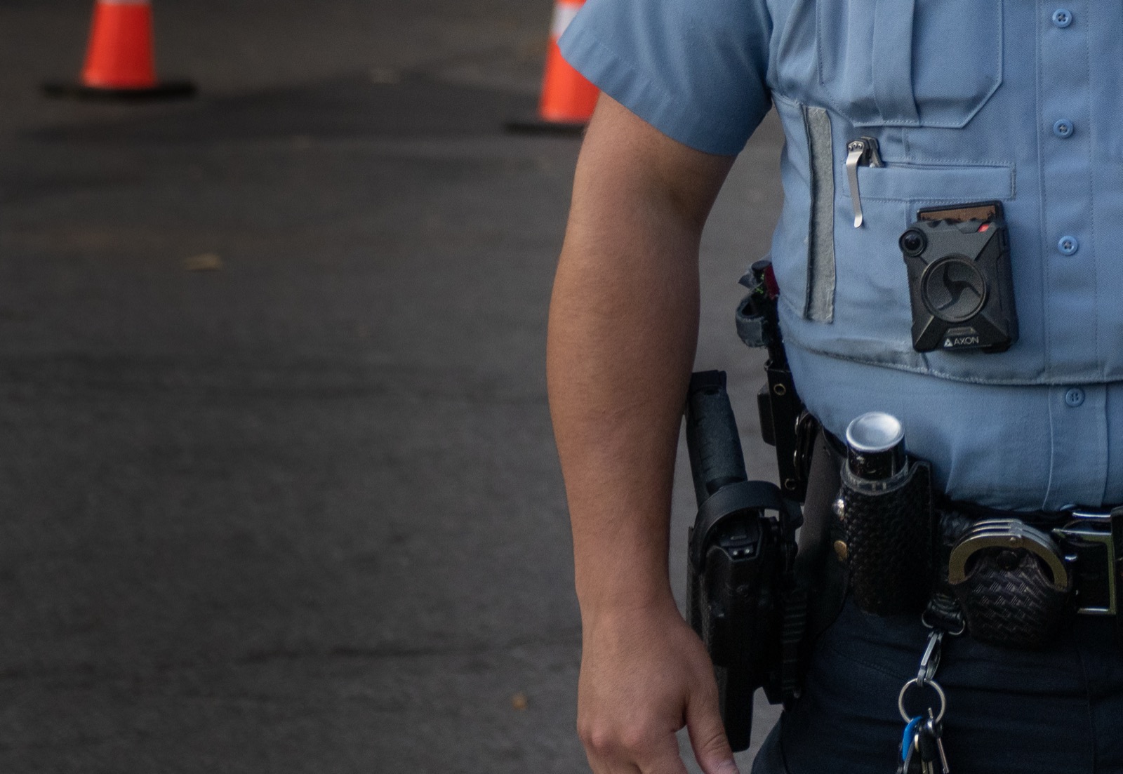 Police officer body-worn camera on uniform during call